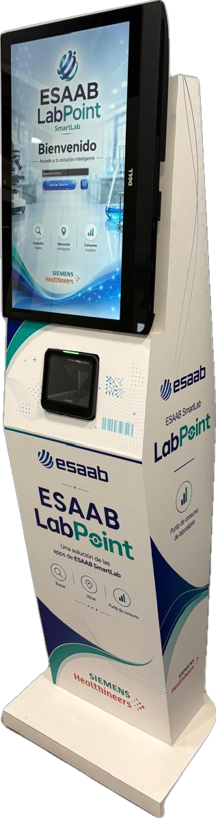 Vista en ángulo del tótem ESAAB LabPoint mostrando la pantalla y el lector de código de barras