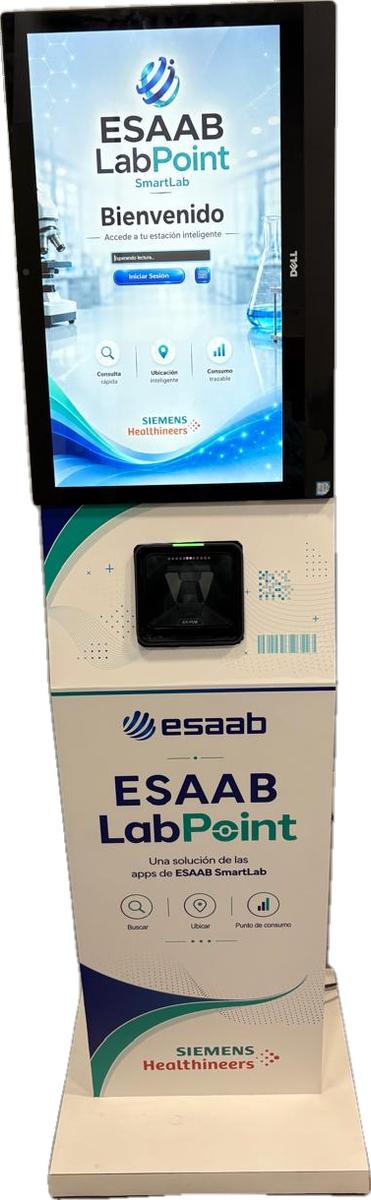 Vista frontal del tótem ESAAB LabPoint con la pantalla de bienvenida y el lector