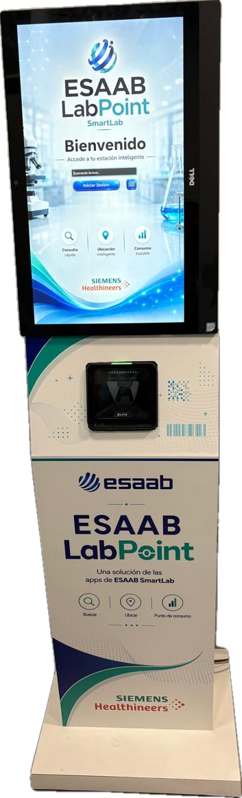 Tótem ESAAB LabPoint en un laboratorio clínico, con pantalla de bienvenida y lector de código de barras